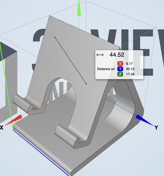 Screenshot of the 3D model with measurement lines and values displayed